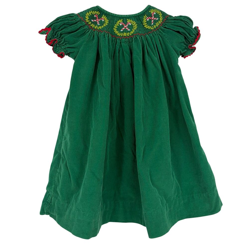 SmockaDot Kids Vintage Green Corduroy Smocked Embroidered Christmas Dress Size 6